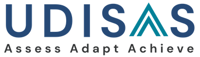 The UDISAS logo. The word UDISAS in dark blue, with the 'A' drawn as two concentric triangles. Underneath are the words 'assess, adapt, achieve'.